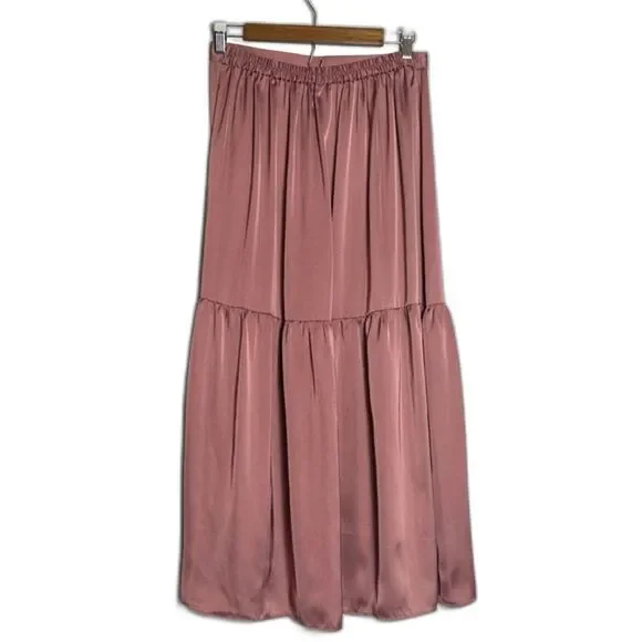 Topshop Tiered Satin Maxi Skirt Size 8 Pull On Feminine Girly Fairy Dusty Rose - Picture 2 of 11